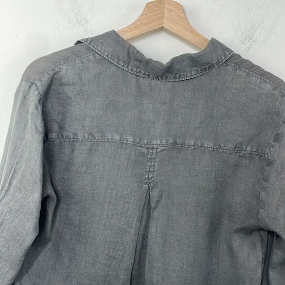 Side Stitch Linen Popover Tunic Top Blue Roll Tab Sleeve Pocket Collar Small - Picture 10 of 15